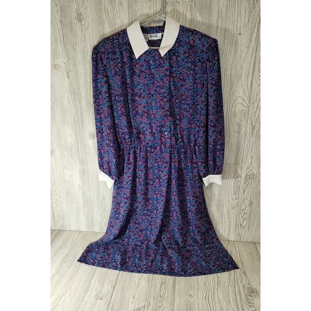 B.G.B. Limited Size 10 Dress Blue Purple Flower Pattern White Cuffs And Collar - Picture 1 of 5